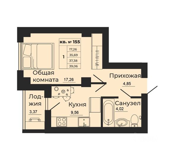 Планировка 1-комн 37,38 м²