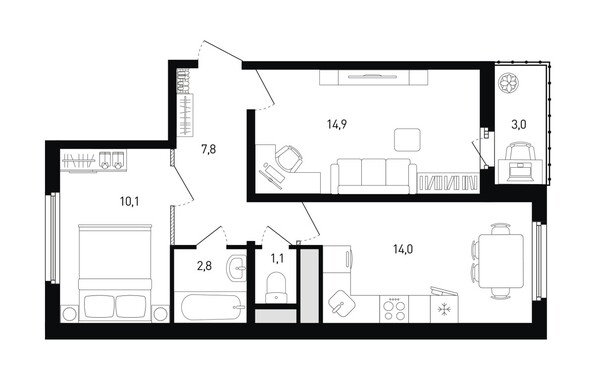 Планировка 2-комн 52,2, 52,9 м²