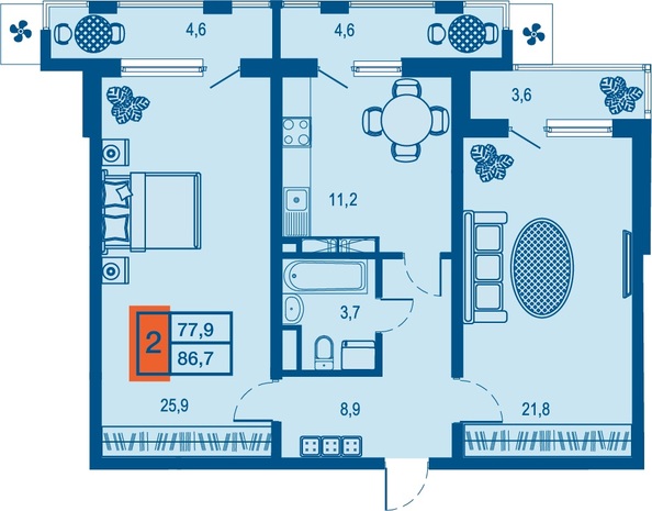 Планировка 2-комн 77,5 - 77,9 м²