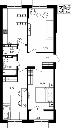 Планировка 3-комн 81,59 м²