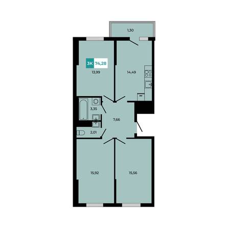 Планировка 3-комн 74,28 м²