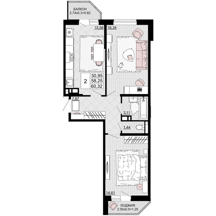 Планировка 2-комн 60,32 м²