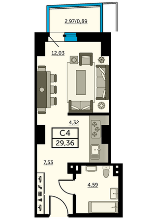 Планировка Студия 29 - 29,92 м²