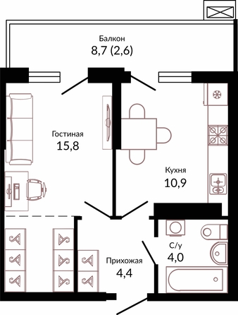 Планировка 1-комн 37,7 м²