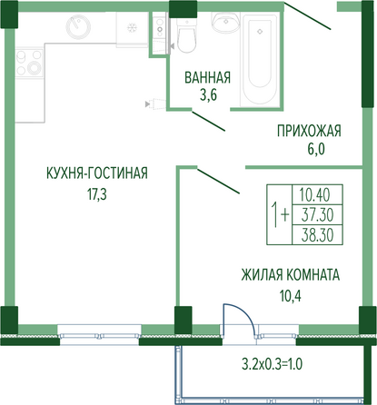 Планировка 1-комн 38,3 м²