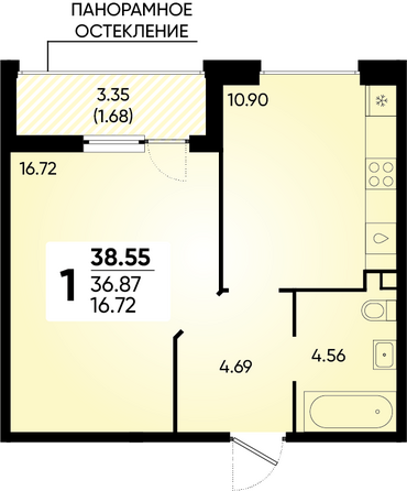 Планировка 1-комн 38,55 м²