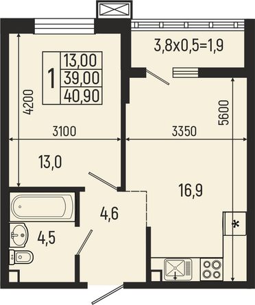 Планировка 1-комн 40,9 м²