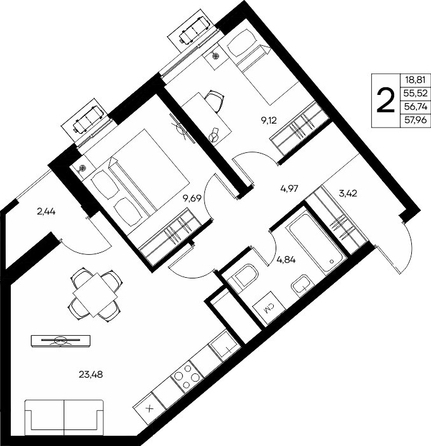 Планировка 2-комн 57,1 - 58,12 м²