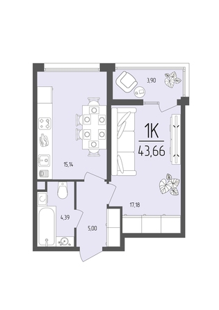 Планировка 1-комн 43,66 м²