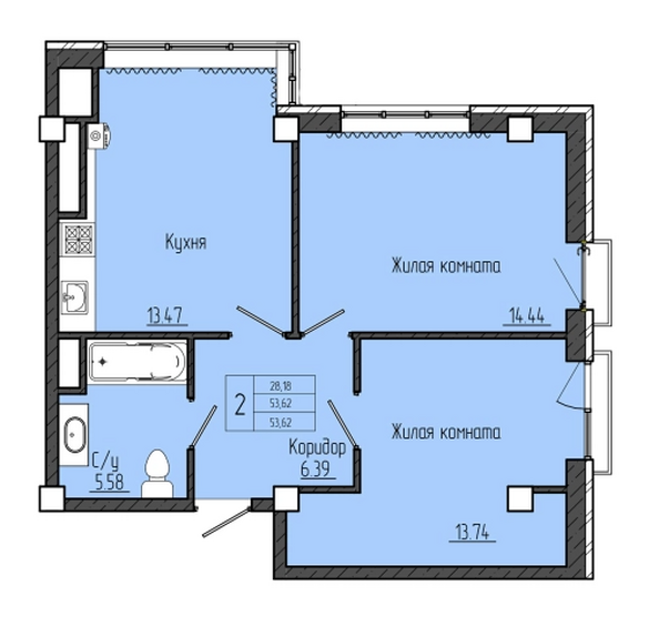 Планировка 2-комн 54,42 м²