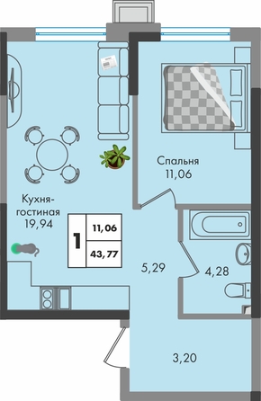 Планировка 1-комн 43,77 м²