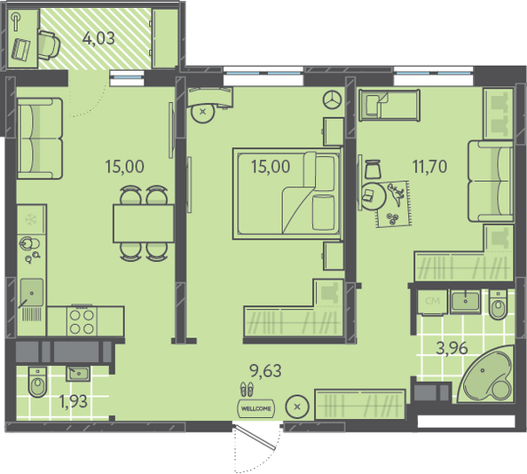 Планировка 2-комн 58,43 м²