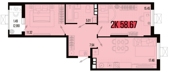 Планировка 2-комн 58,67, 58,91 м²