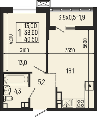 Планировка 1-комн 40,5 м²