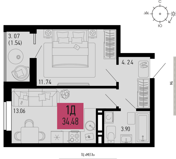 Планировка 1-комн 34,48 м²