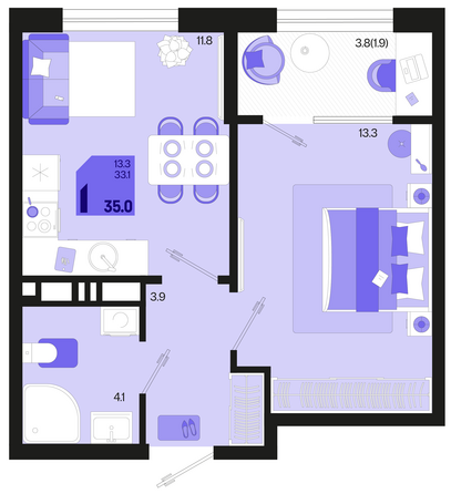 Планировка 1-комн 35, 35,4 м²