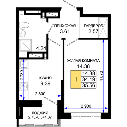 Планировка 1-комн 35,56 м²