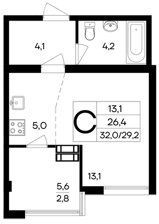 Планировка 1-комн 32 м²