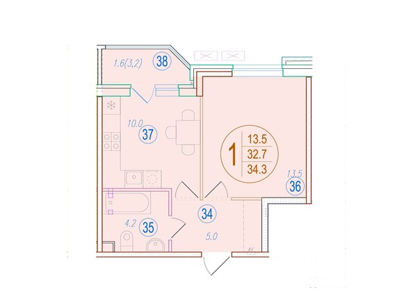 Планировка 1-комн 34,3 м²