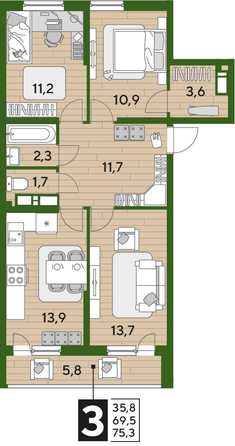 Планировка 3-комн 75,3 м²