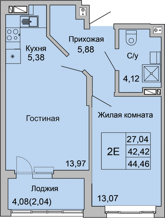 Планировка 2-комн 44,46 м²