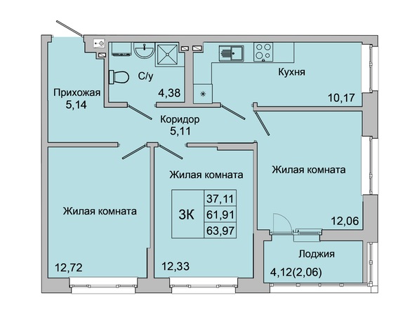 Планировка 3-комн 63,15 - 63,97 м²