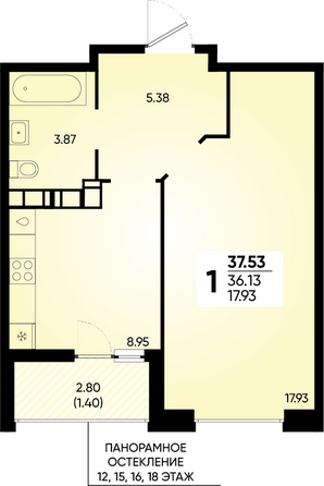 Планировка 1-комн 37,53 м²