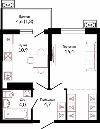 Планировка 1-комн 37,3 м²