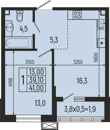 Планировка 1-комн 41 м²