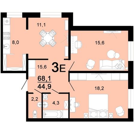 Планировка 3-комн 68,1 м²