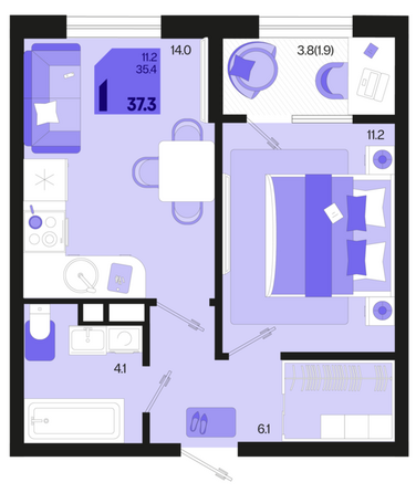 Планировка 1-комн 37,3, 37,9 м²