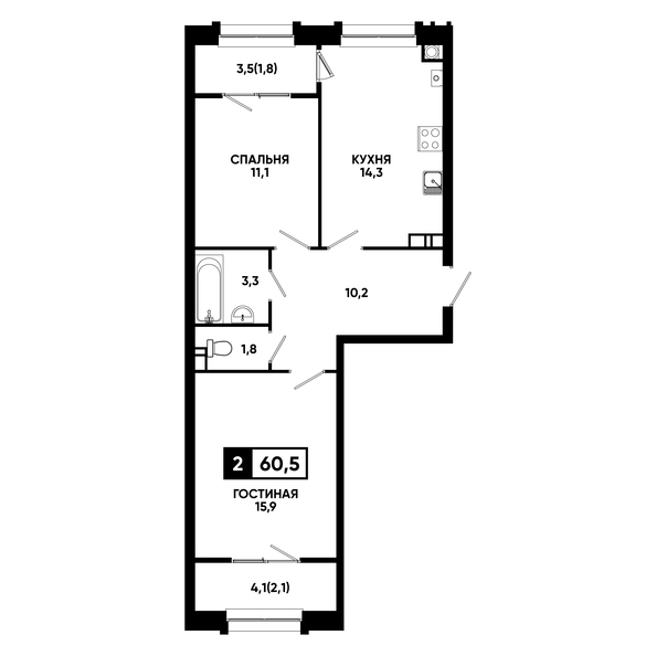 Планировка 2-комн 60,5, 60,9 м²