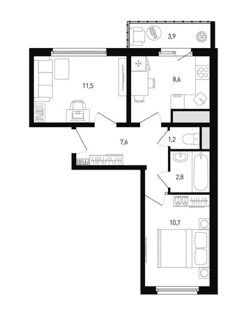 Планировка 2-комн 43,6 м²