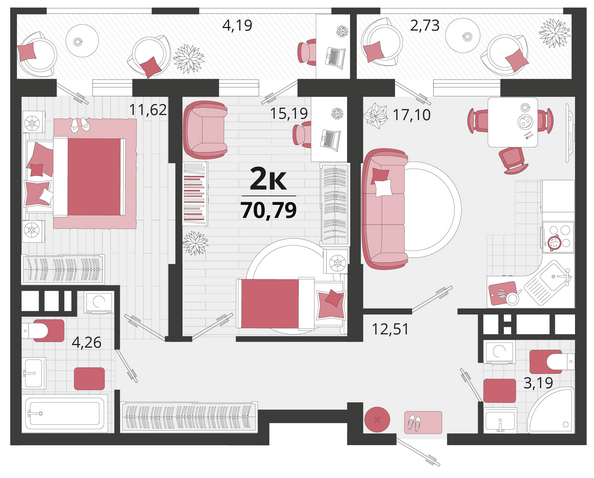 Планировка 2-комн 70,79 м²