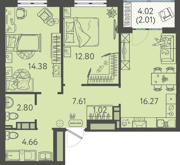 Планировка 2-комн 60,15 - 60,45 м²