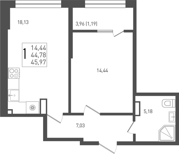 Планировка 1-комн 45,97, 46,19 м²