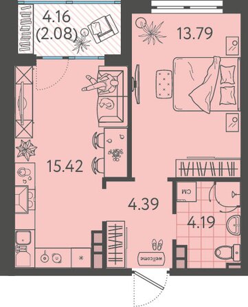 Планировка 1-комн 39,45 - 39,7 м²