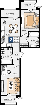 Планировка 2-комн 62,82 м²