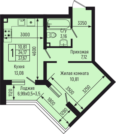 Планировка 1-комн 37,67 м²