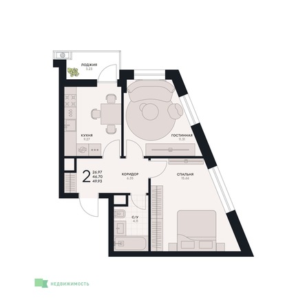 Планировка 2-комн 49,93 м²