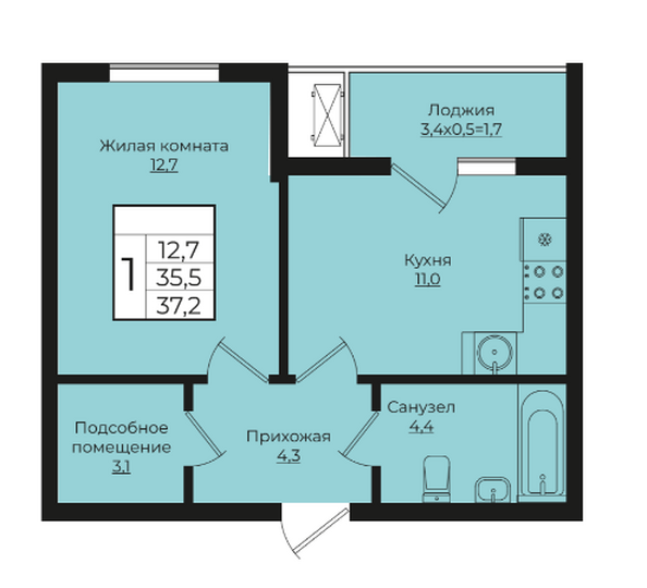 Планировка 3-комн 37,2 м²