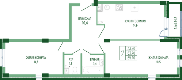 Планировка 2-комн 65,4 м²