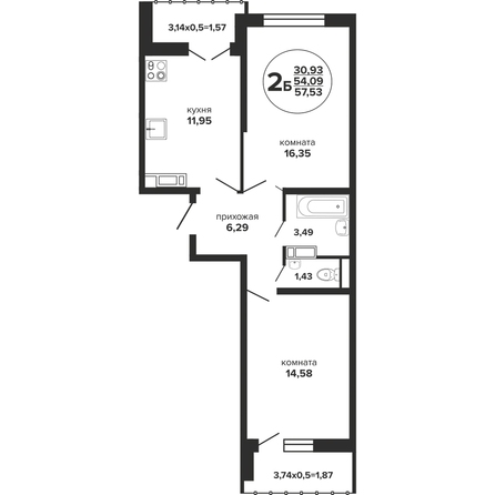 Планировка 2-комн 57,53 м²