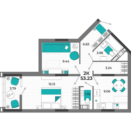 Планировка 2-комн 53,23 м²