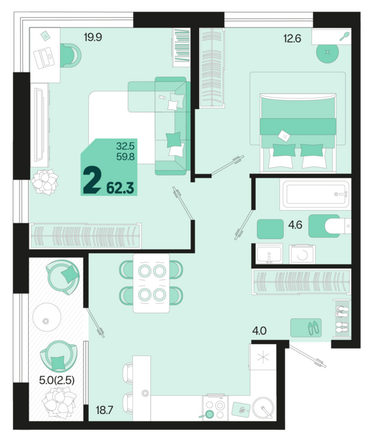 Планировка 2-комн 62,3 м²