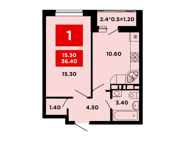 Планировка 1-комн 36,4 м²