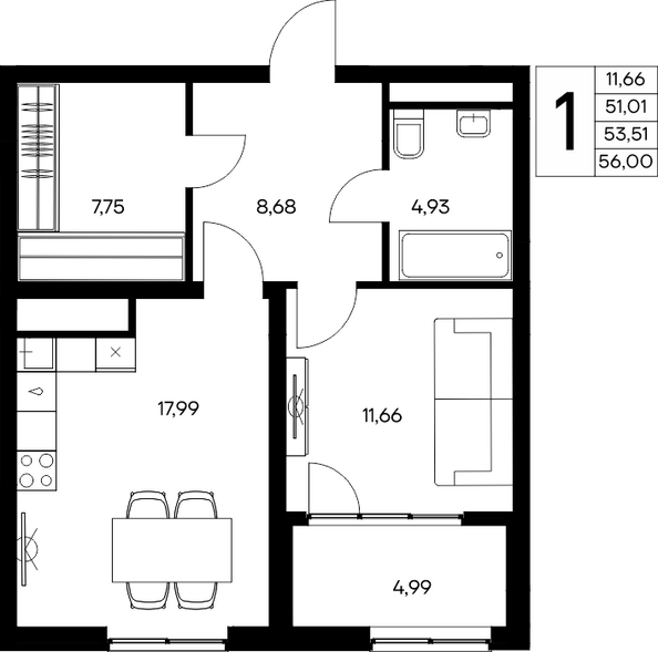 Планировка 1-комн 56 м²