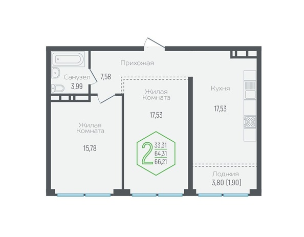 Планировка 2-комн 64,31 м²