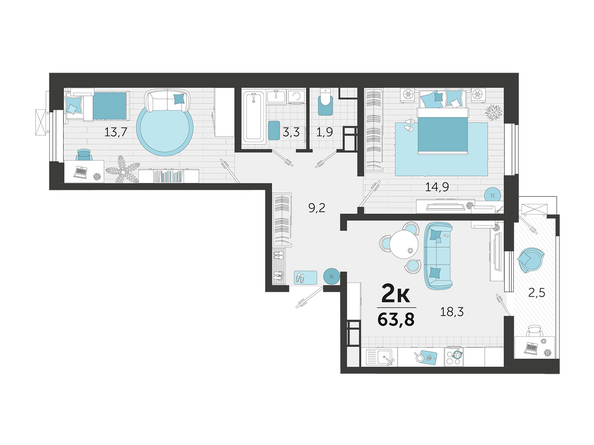 Планировка 2-комн 63,8 м²