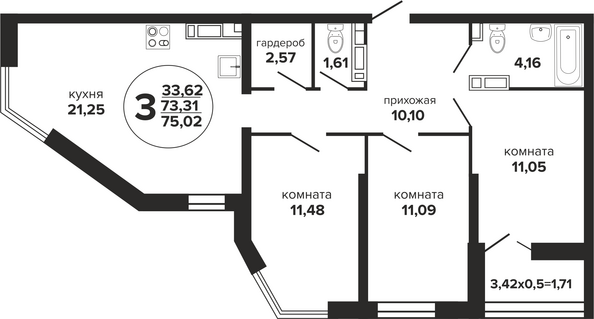 Планировка 3-комн 75,02 м²